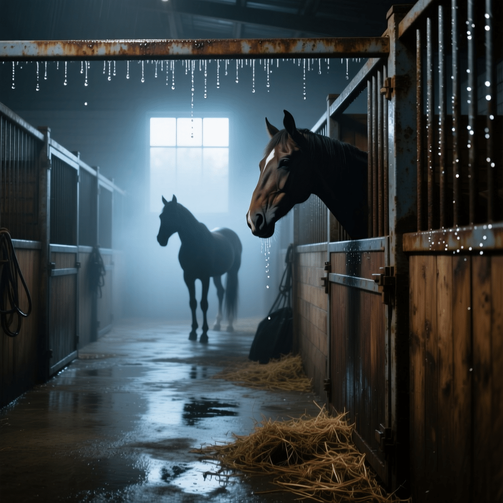 A dark horse peeks from a stable stall while another horse walks down a misty aisle, showcasing a rustic stable environment with wooden panels and metal equipment.