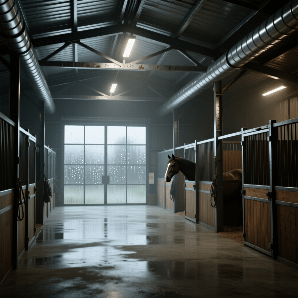 A spacious horse stable with galvanized steel stalls and wooden panels, featuring a horse peeking out from one of the stalls under bright industrial lighting.