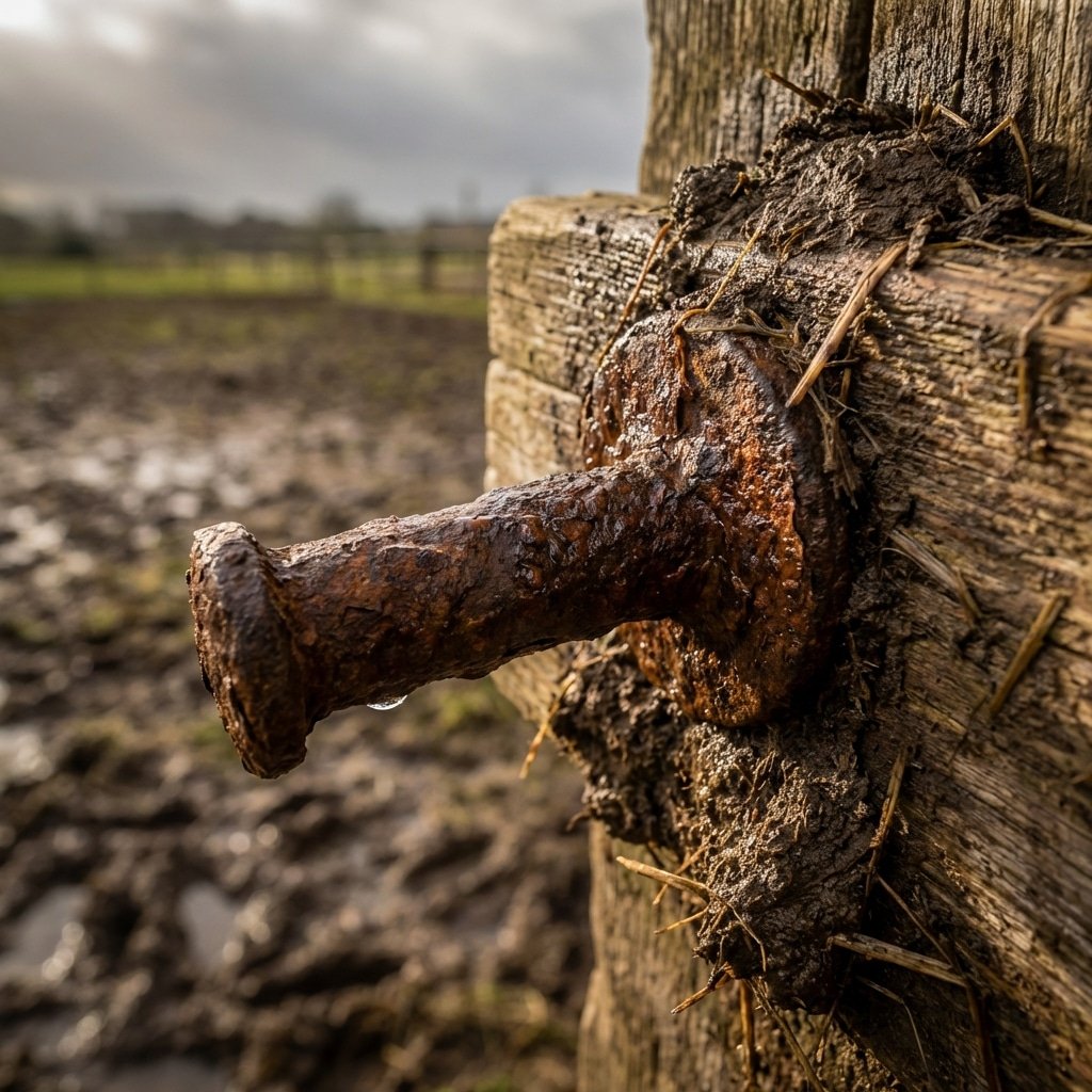 A close-up of a rusted nail embedded in a weathered wooden post, surrounded by mud and straw, with a blurred background of a muddy field under a cloudy sky.