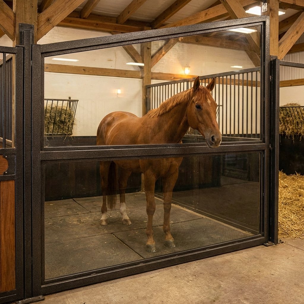 Hyperrealistic product photography of a robust horse stall with tempered glass safety panel, strong Q345 steel framework, a horse standing safely inside, reflection of light on glass, secure environment, 16:9 aspect ratio, no text --ar 16:9 --no text