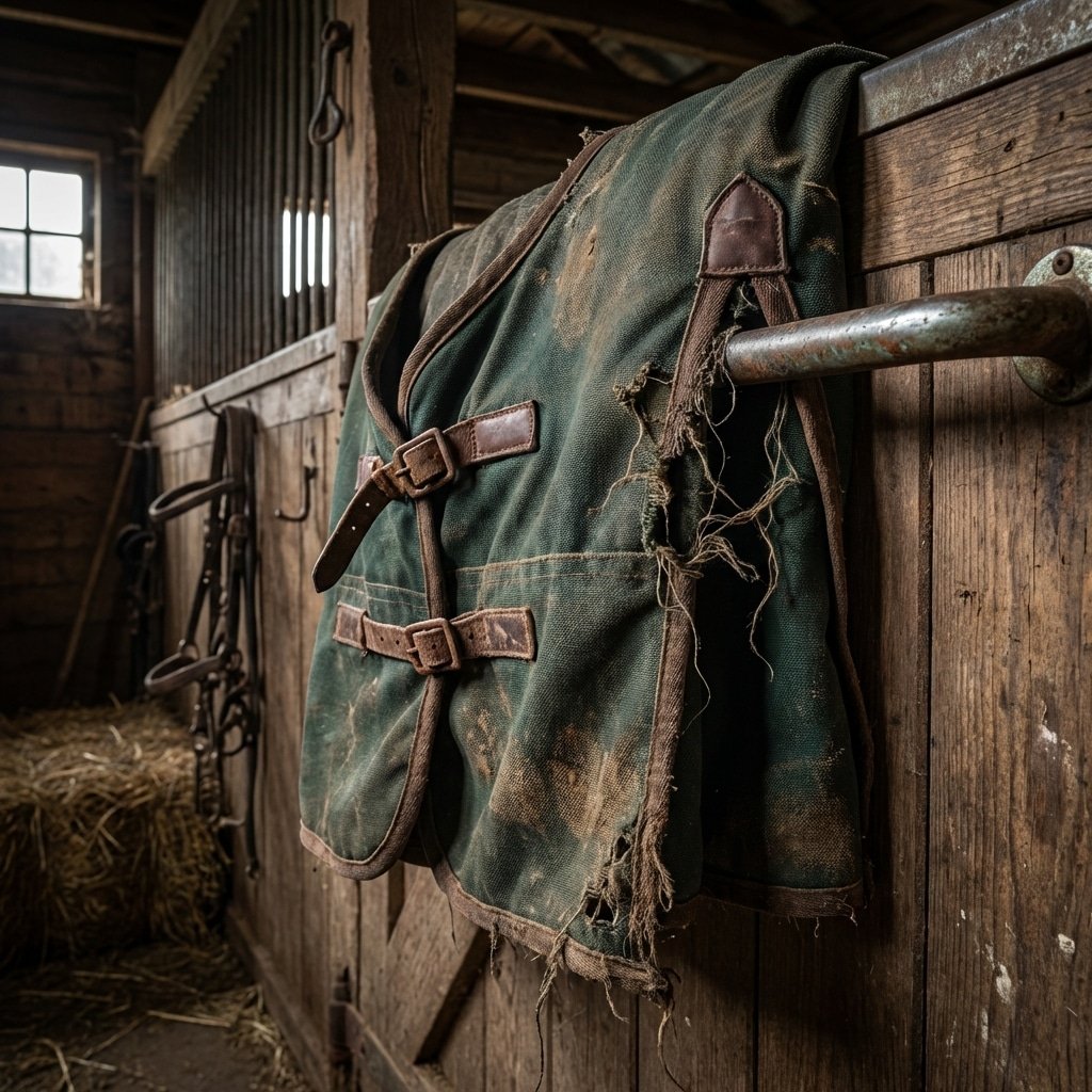 hyperrealistic product photography, close-up of a damaged horse blanket hanging on a horse stall door, frayed fabric near metal bars, showing wear and tear from friction, realistic stable environment, dramatic lighting highlighting the texture of horse stalls and fabric --ar 16:9 --no text, letters, words, signage
