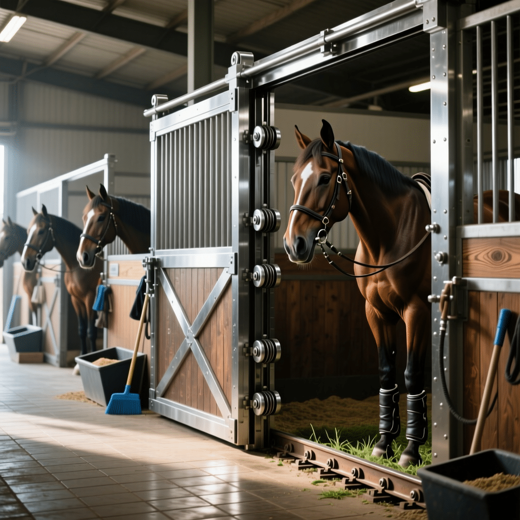 Modern Horse Stalls & Stable Equipment Solutions A well-lit stable with modern horse stalls featuring galvanized steel and wooden panels, where horses are seen in their enclosures with equipment like feeders and grooming tools nearby.