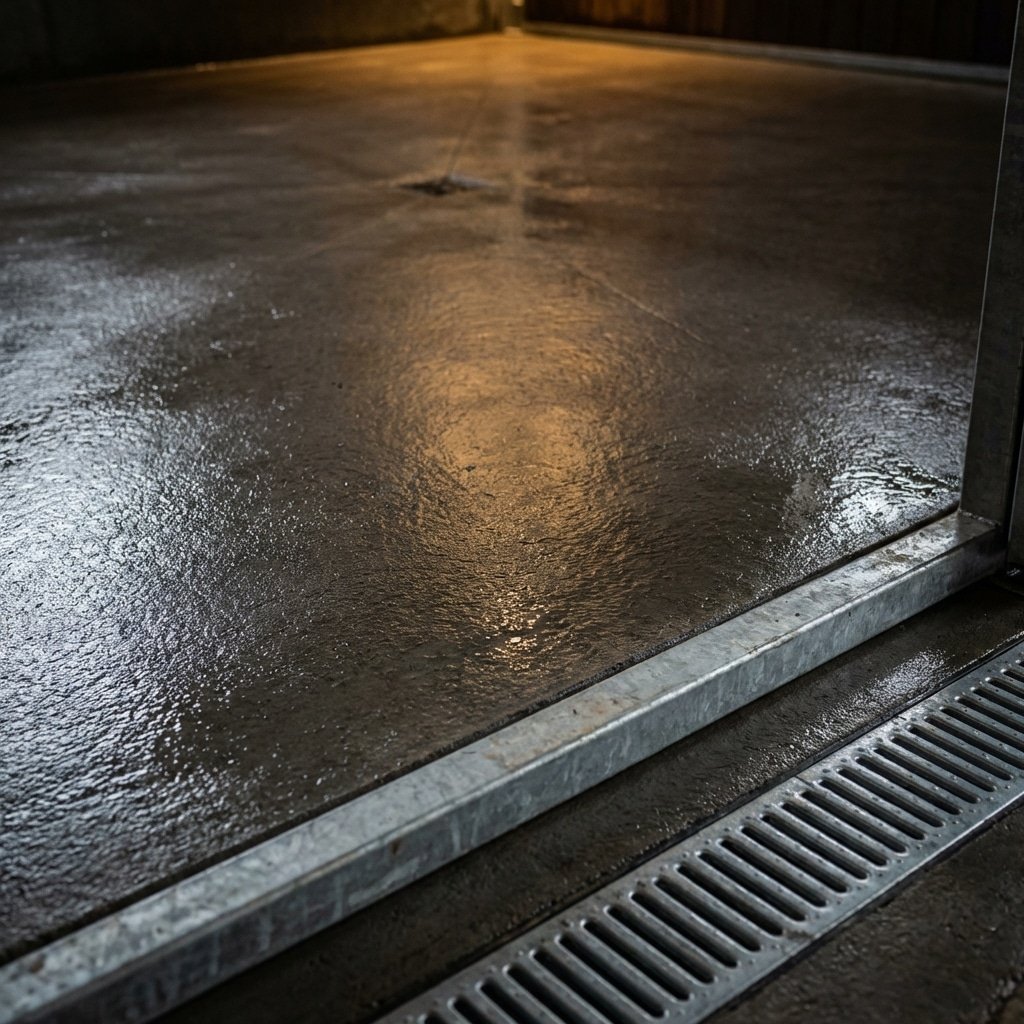 hyperrealistic product photography low angle close-up shot of a horse stall concrete floor, showing the precise 1:60 slope gradient towards the front drainage, clean wet surface reflecting light, galvanized steel frame base visible at the edge, professional architectural lighting, no text signage, no letters, --ar 16:9 --stylize 250