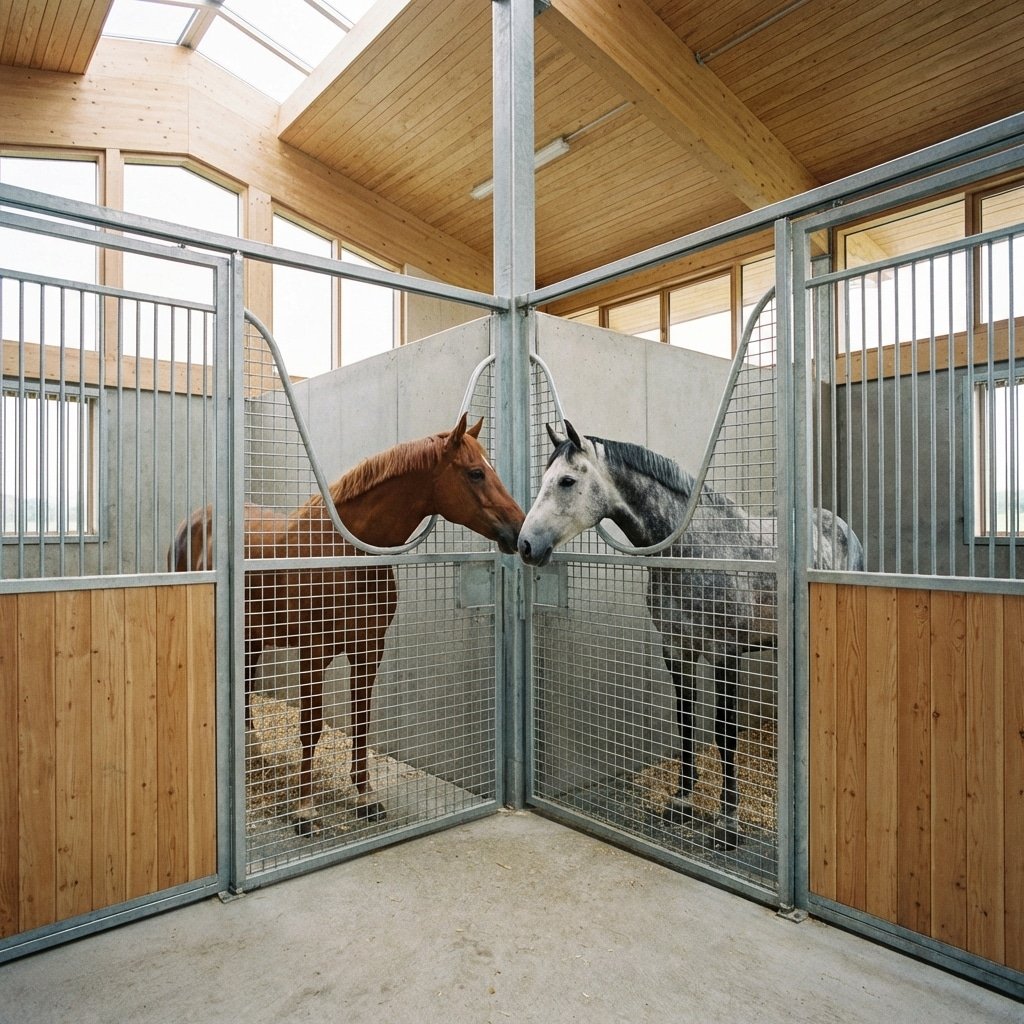 Two horses, one brown and one gray, stand in adjacent stalls separated by galvanized steel fencing inside a well-lit stable with wooden paneling and large windows.