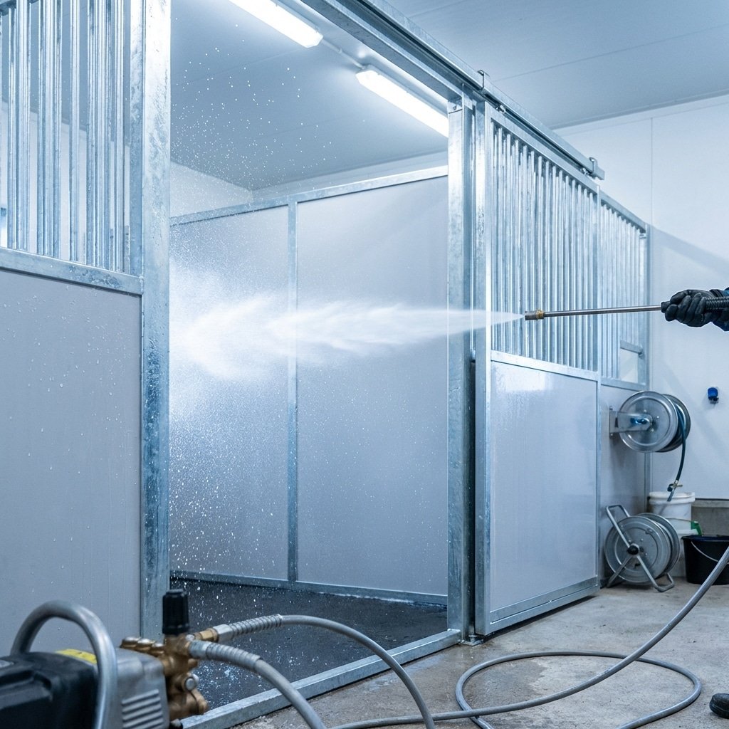 hyperrealistic product photography inside a horse stall, high-pressure water spray hitting the walls, water droplets frozen in mid-air, hot-dip galvanized steel bars gleaming wet, non-porous HDPE wall panels, cleaning in progress, bright sanitary lighting, equestrian biosecurity context, 8k resolution, --ar 16:9 --no text, letters, watermark, english characters