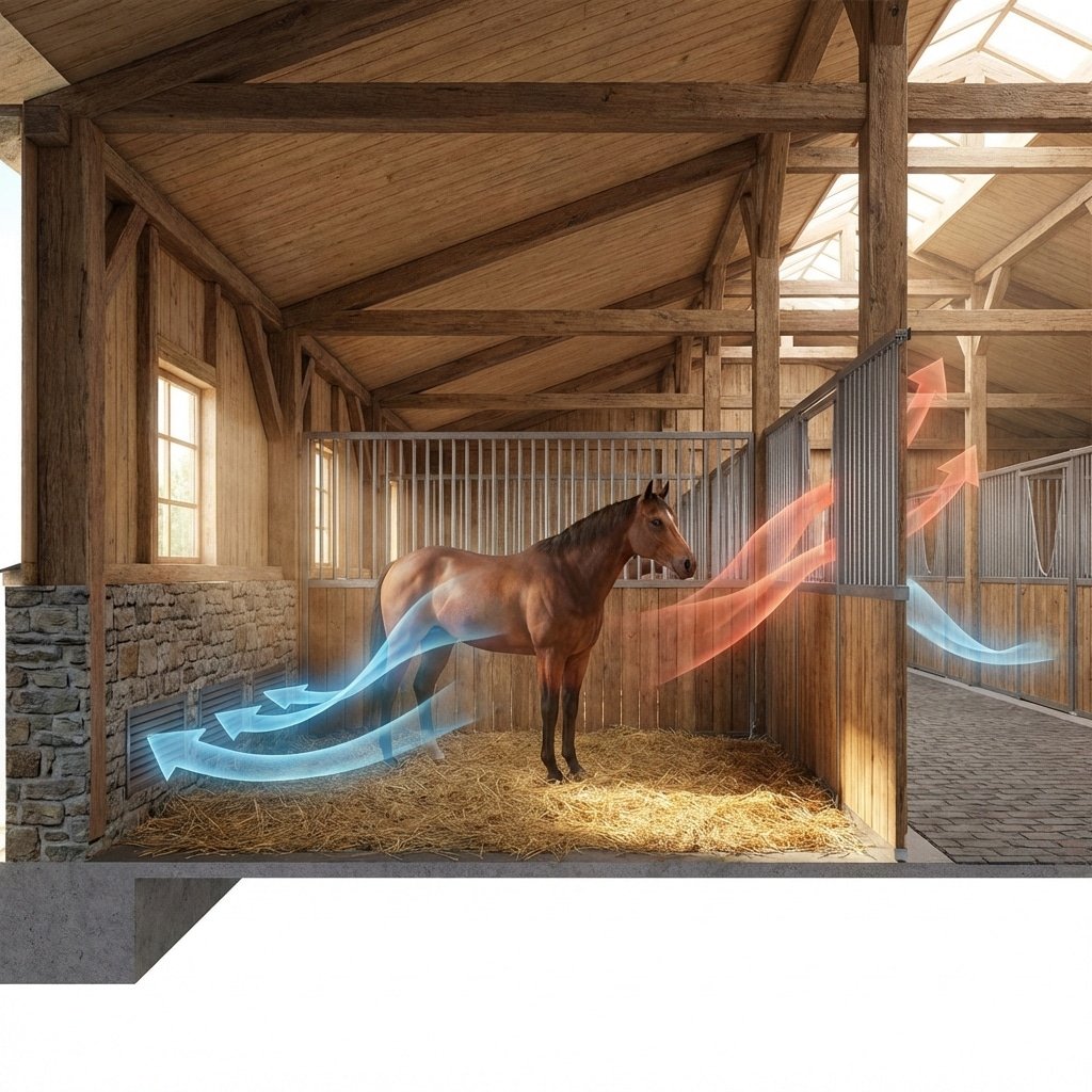 Architectural visualization of horse stable airflow, warm air rising through open top grill of horse stall front, cool blue air entering lower vents, cross section view of stable interior, horse standing calmly, photorealistic, 16:9 aspect ratio, --no text --ar 16:9 --v 6.0