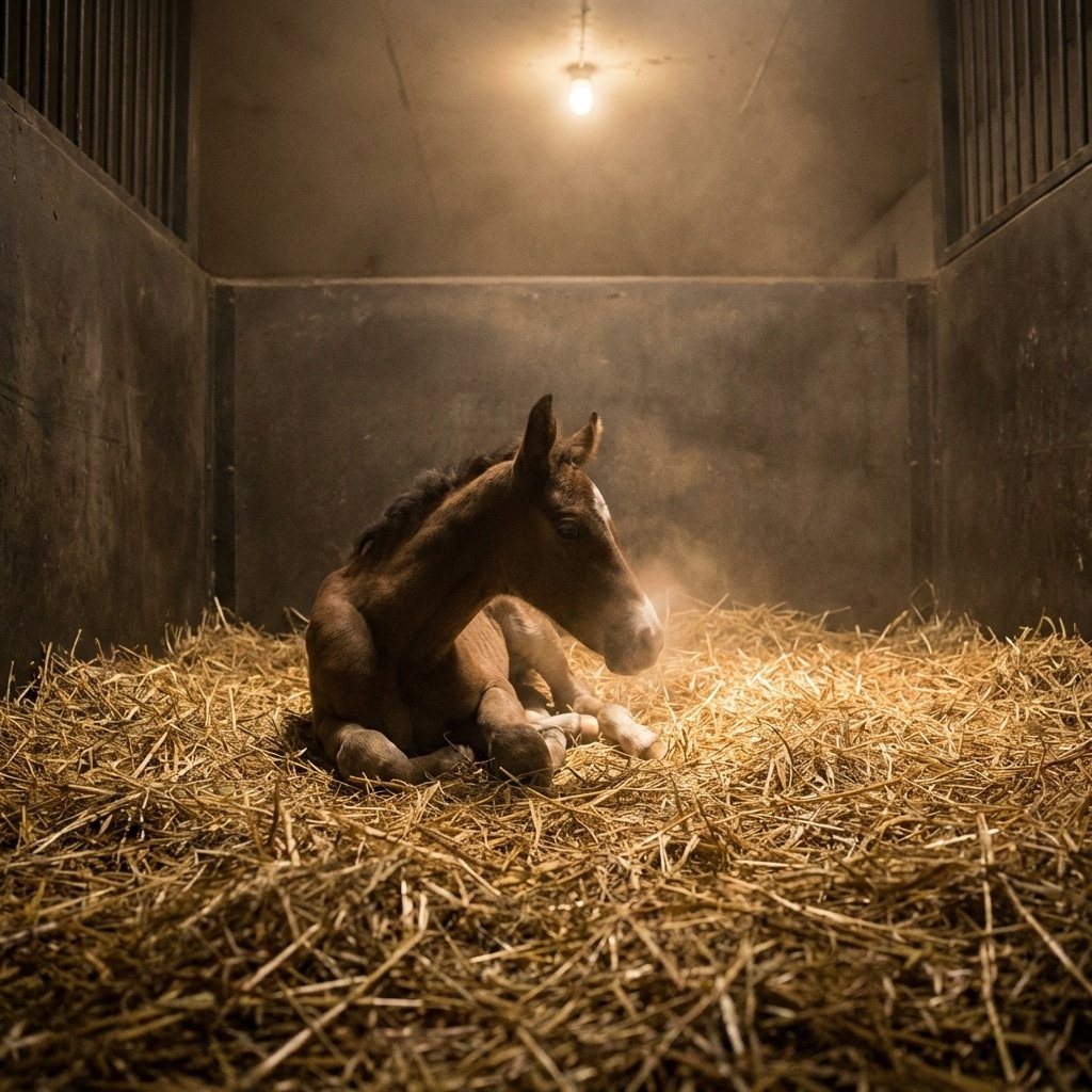 Low angle shot inside a horse stall, focusing on the lower breathing zone near the floor, a foal lying down on clean bedding, smooth impermeable stall walls surrounding, dim lighting suggesting stagnant air risk, hyperrealistic product photography, 16:9 aspect ratio, --no text --ar 16:9 --v 6.0