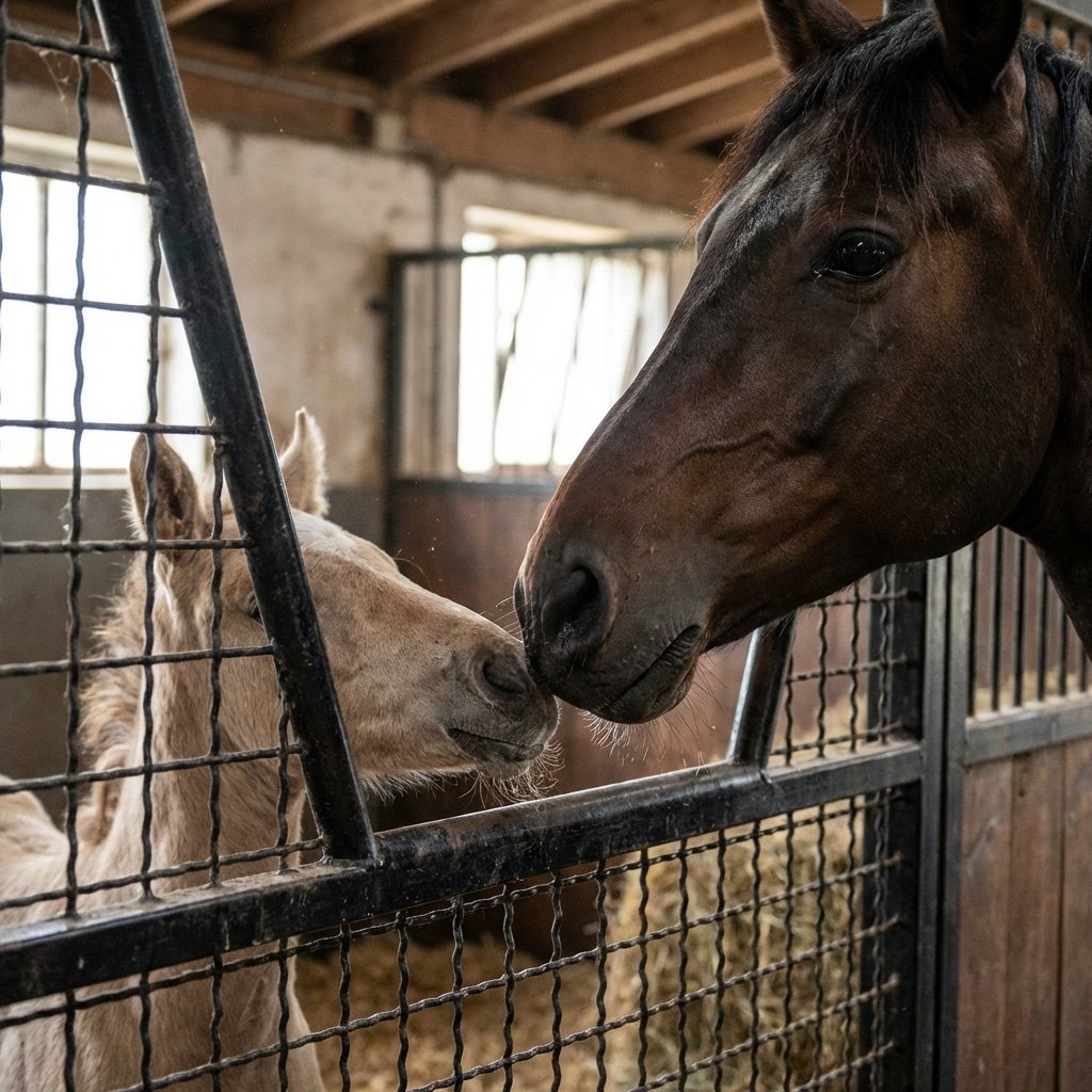 hyperrealistic product photography close-up shot of a mare and foal nose-to-nose through a black welded mesh horse stall divider, emotional connection, safe separation, high strength steel bars, stable background, soft natural lighting from stable windows, detailed texture of steel and horse fur, no text signage --ar 16:9 --no text, signage, letters, words