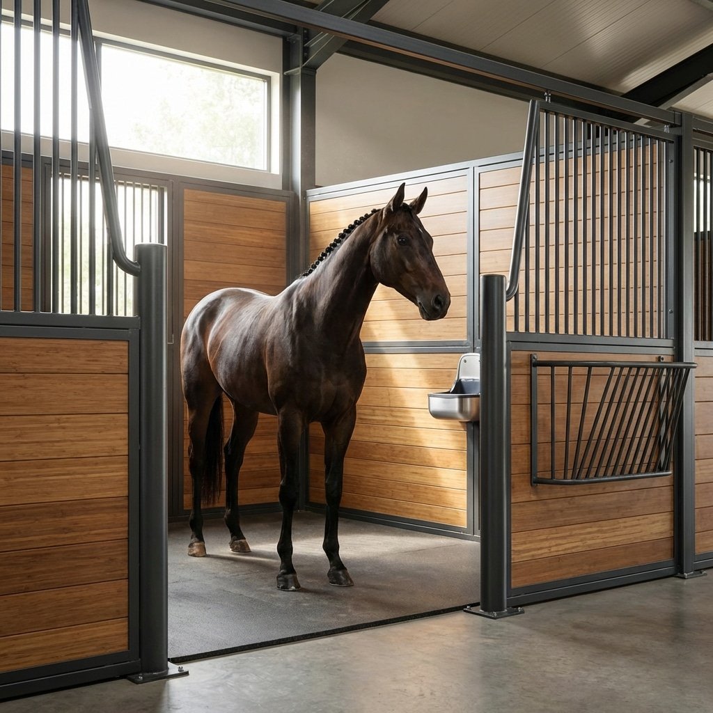 hyperrealistic product photography interior view of a luxury horse stall, renewable high-density bamboo infill panels, hot-dip galvanized steel bars, a thoroughbred horse standing calmly inside, natural daylight streaming through, clean modern design, --ar 16:9 --no text --no letters
