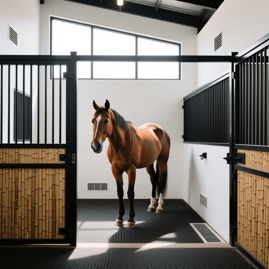 A brown horse stands in a modern stable stall featuring black metal bars and bamboo panels, set against white walls with large windows allowing natural light.