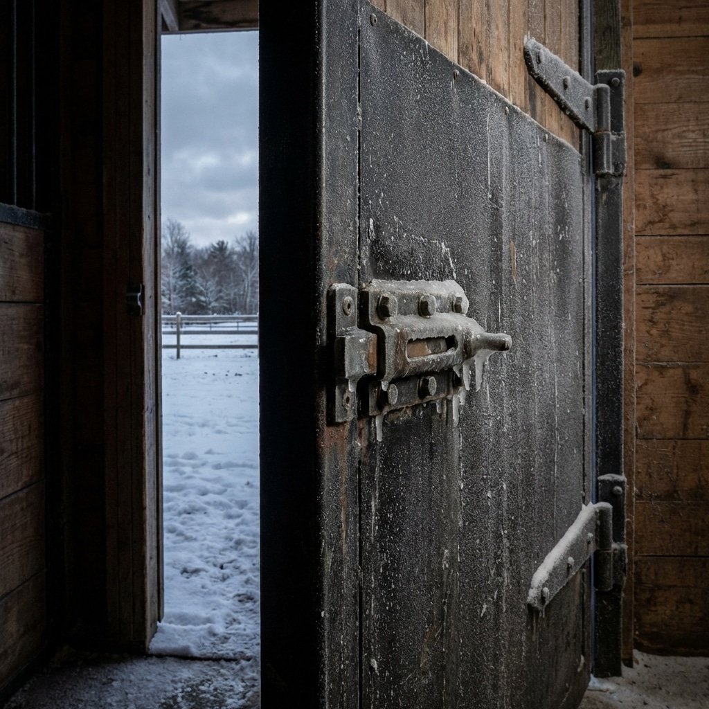 An open wooden stable door covered in frost, revealing a snowy horse pasture with trees in the background under a cloudy sky.