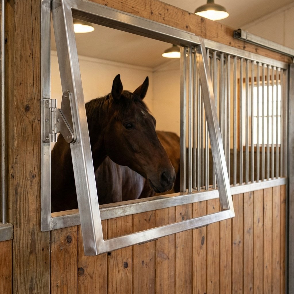 Metal-framed stable window with its sash swung open in a wooden stall front, a dark bay horse with its head and neck reaching through the opening and barred stall divisions running down the aisle