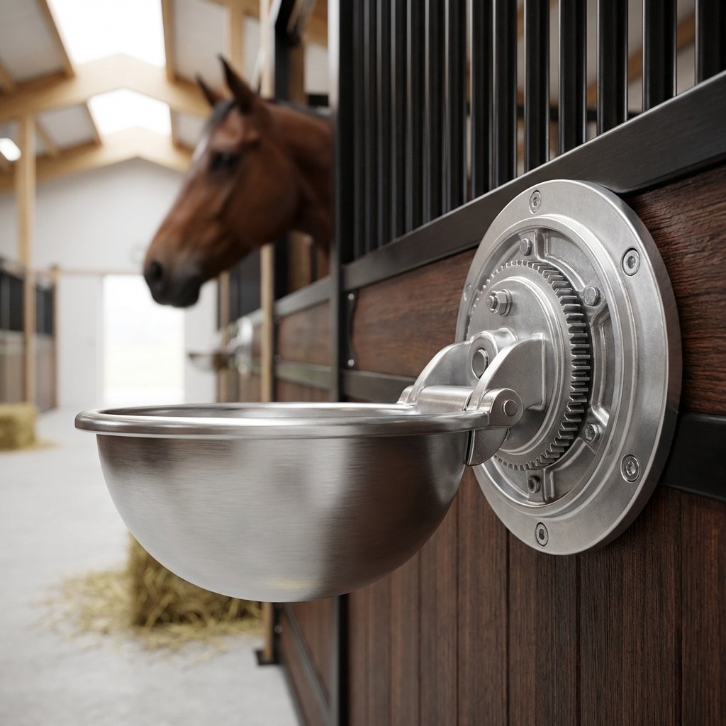 Hyperrealistic product photography of a cast aluminum swivel feeder mounted on a horse stall door, 360-degree rotation mechanism detail, metallic finish, horse blurred in background inside the stable, professional stable environment, high detail, studio lighting, no text, no signage, no letters --ar 16:9