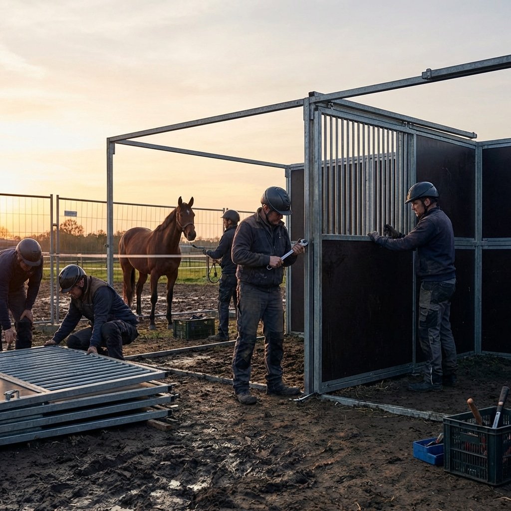 Hyperrealistic product photography of crew members dismantling a modular horse stable structure, evening light, visible horse stalls panels being disconnected, a horse waiting in the background, fatigue but professional atmosphere, steel frames, muddy ground, no text, no letters, no typography --ar 16:9 --style raw --v 6.0