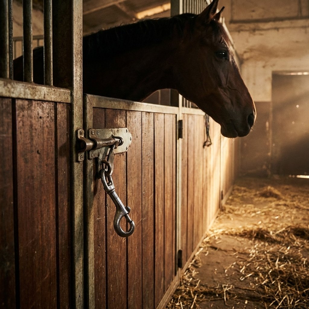 hyperrealistic product photography, side view of a horse stall door showing a bent metal snap latch, a large horse standing nearby inside the stable, dramatic lighting emphasizing the structural failure, dust particles in air, 16:9 aspect ratio --ar 16:9 --no text, letters, words, signage, branding