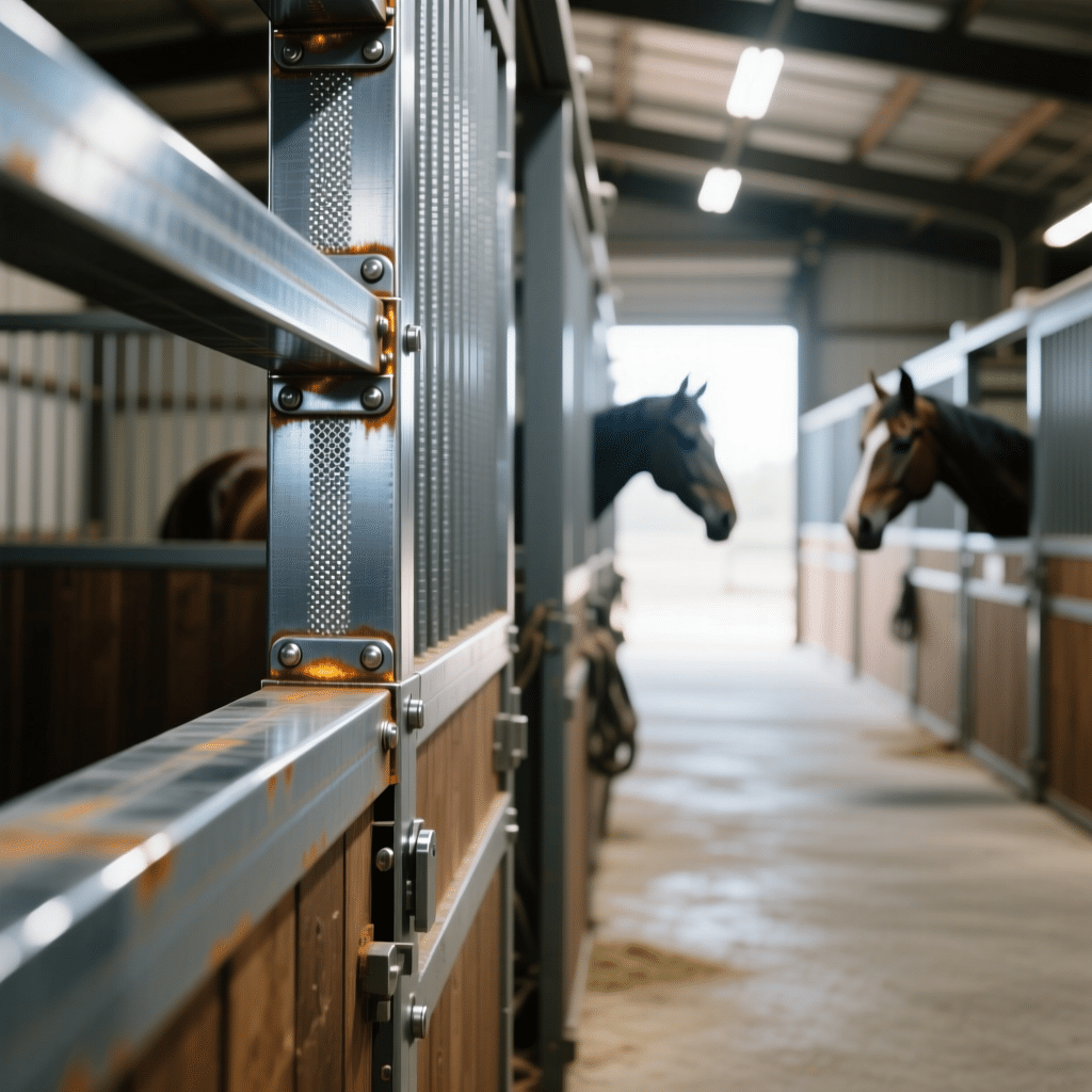 Well-lit stable aisle with galvanized steel indoor horse stall systems and horses in view