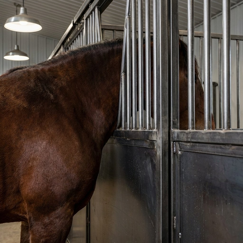 A brown horse stands inside a modern stable stall with galvanized steel bars and panels, illuminated by overhead lights.