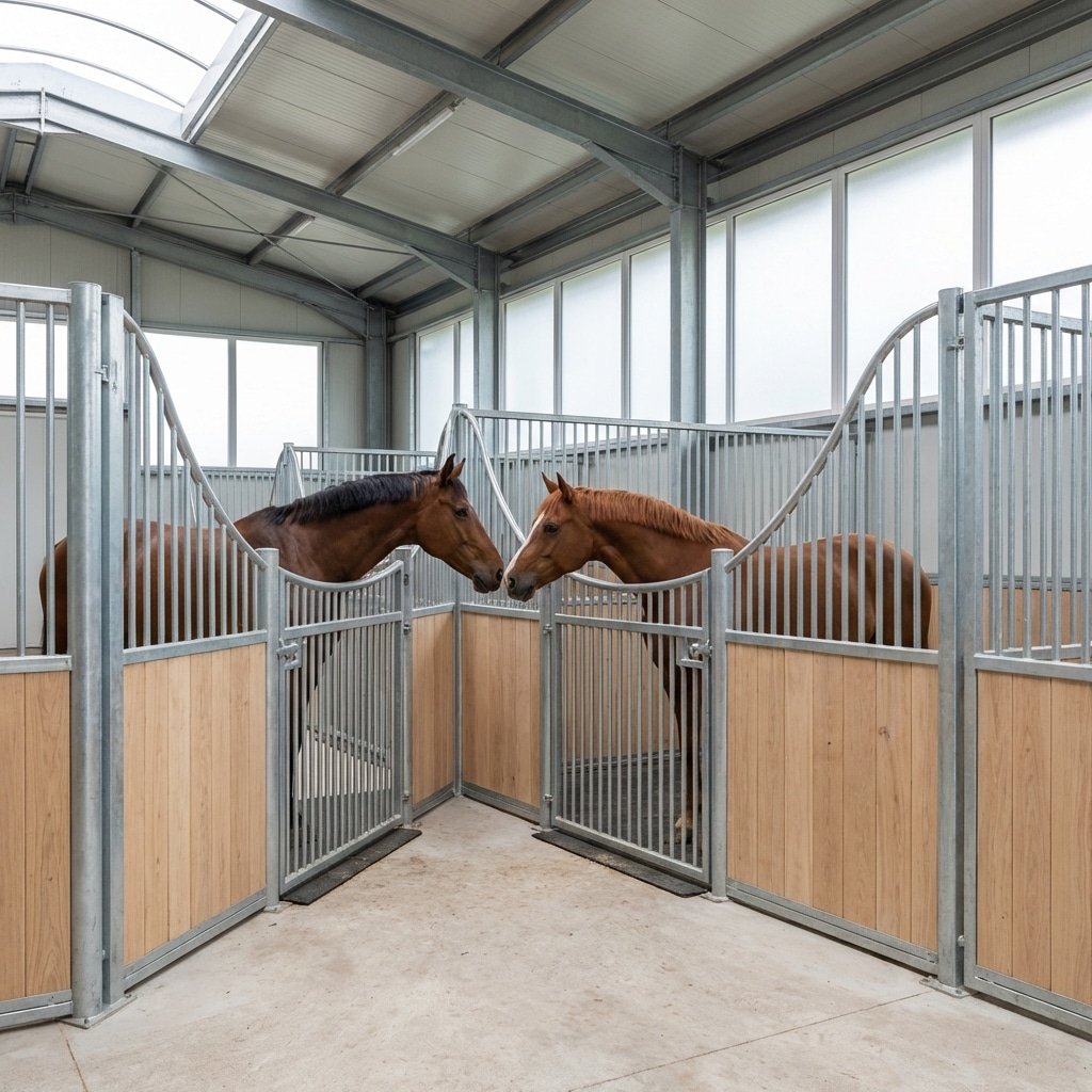 Two brown horses in adjacent stalls within a modern stable, featuring galvanized steel and wooden paneling.