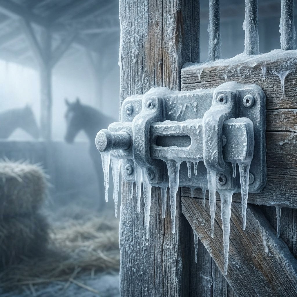 hyperrealistic product photography, a frozen solid plunger latch on a horse stall door, thick ice covering the mechanism, winter morning mist in the background of an equestrian stable, cold color palette, detailed metal texture, safety hazard concept, no text, no english characters --ar 16:9