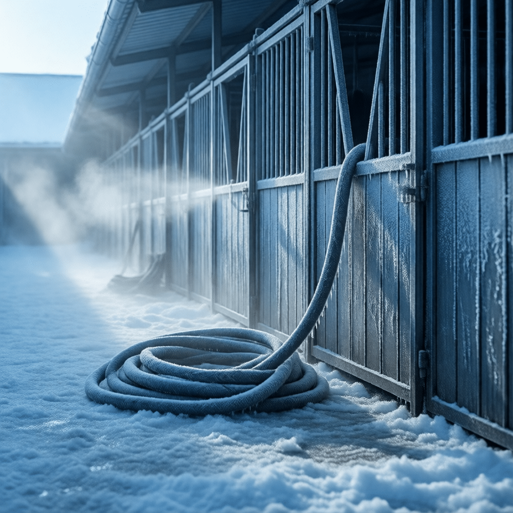 Hyperrealistic product photography of a horse stable exterior in winter, frost covering the steel horse stalls, a frozen water hose lying on the icy aisle floor, cold blue morning mist, visible breath in air, emphasizing harsh conditions, shot on Sony A7R IV, --ar 16:9 --no text --no letters --no signage