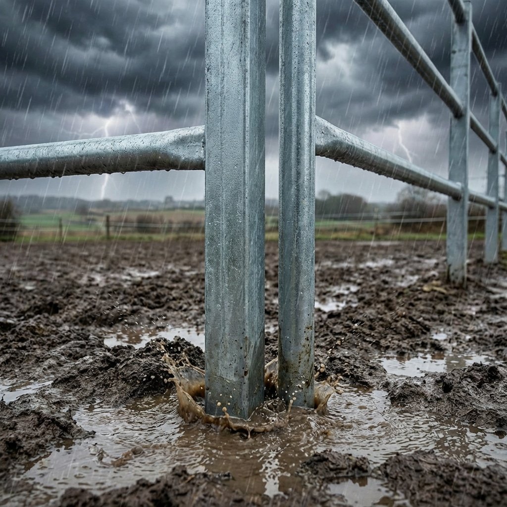 Close-up of horse stall steel legs in deep mud and rain, water splashing, hot-dip galvanized finish, no rust, dark stormy sky, countryside background, hyperrealistic, 16:9 --ar 16:9