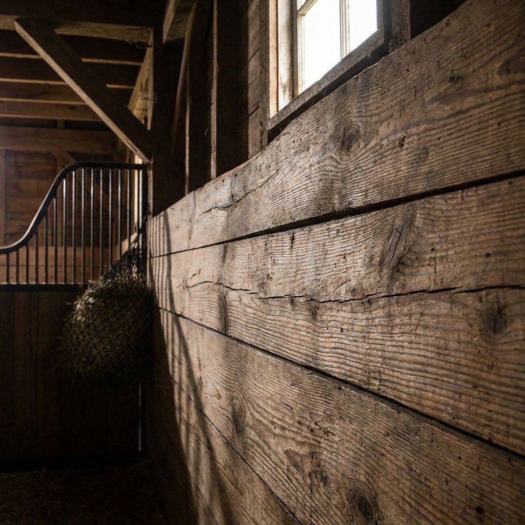 Hyperrealistic product photography close-up view inside a horse stall, pine boards showing visible cupping and warping damage, stable structure visible in background, dramatic lighting emphasizing wood texture defects, no text --ar 16:9