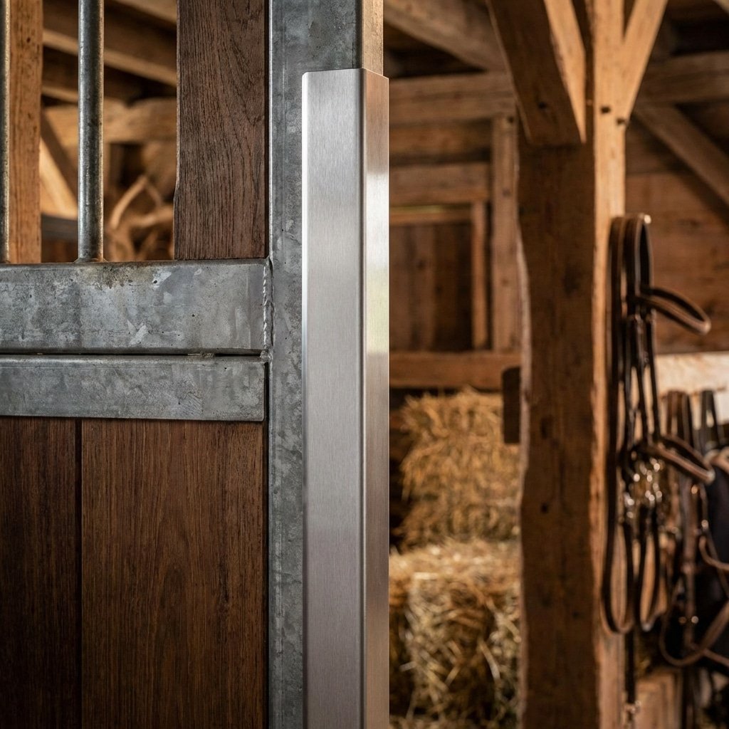 A close-up view of a horse stable featuring galvanized steel and wooden stall panels, with hay bales and saddle racks visible in the background.