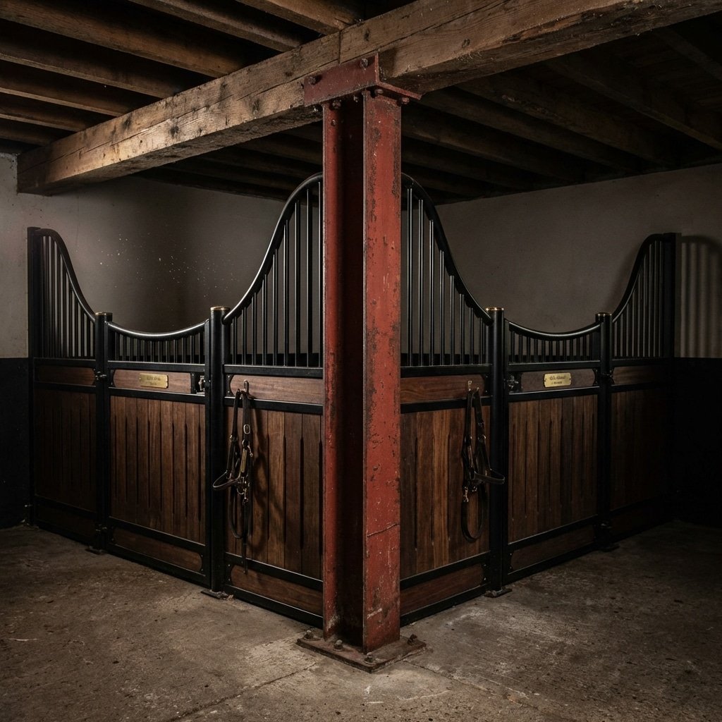 A corner view of a horse stable featuring wooden stalls with black metal railings and a red support column, showcasing high-quality stable equipment.