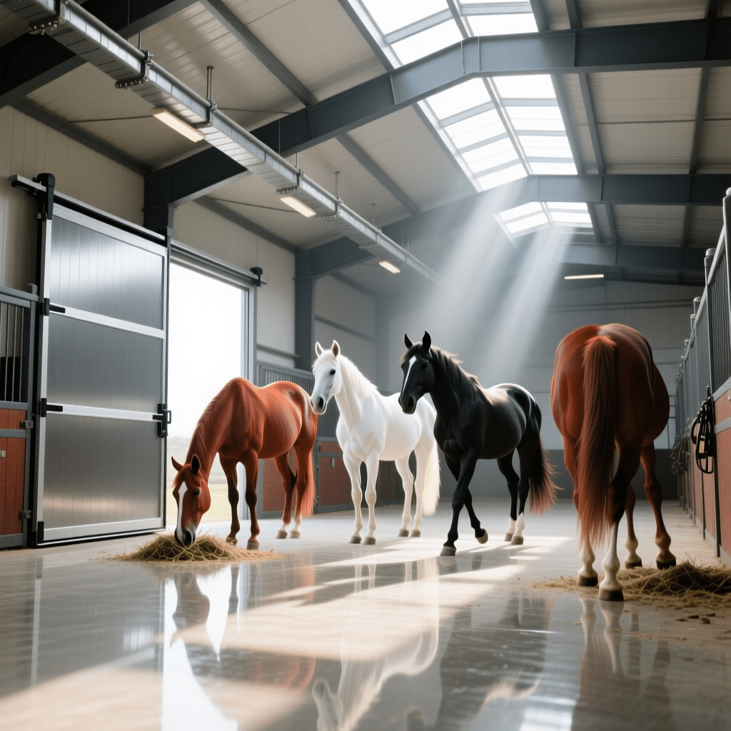 A spacious, well-lit horse stable featuring four horses of different colors grazing on hay. The stable is equipped with modern galvanized steel and powder-coated panels, showcasing high-quality horse stalls and related equipment.