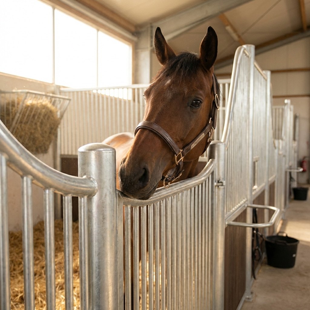 A brown horse wearing a halter stands in a modern stable stall with galvanized steel panels and hay racks, showcasing high-quality stable equipment.