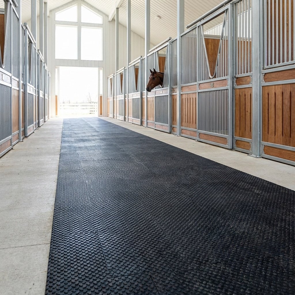 Hyperrealistic product photography of wide accessible pathways inside a modern horse stable, slip-resistant flooring texture, 36 inches wide clear path between rows of horse stalls, perspective shot down the aisle, a horse visible in the background stall, bright airy atmosphere, professional architectural photography, --ar 16:9 --no text, letters, words, signage