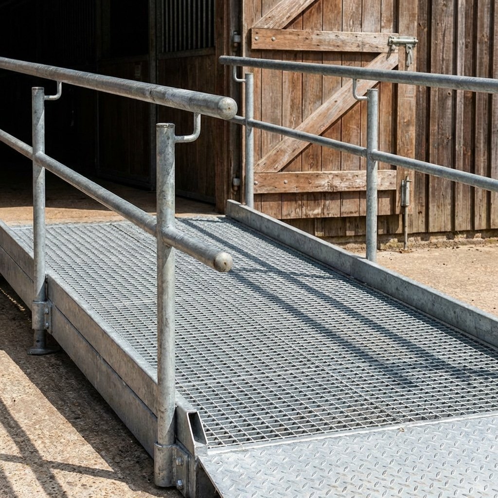 Hyperrealistic close-up product photography of an accessible barn ramp, 1:12 slope, metal handrails, non-slip textured surface, detailed material texture, bright daylight, safety focused, no text, no signage, no letters, --ar 16:9 --stylize 250 --no text, typography, letters, signage