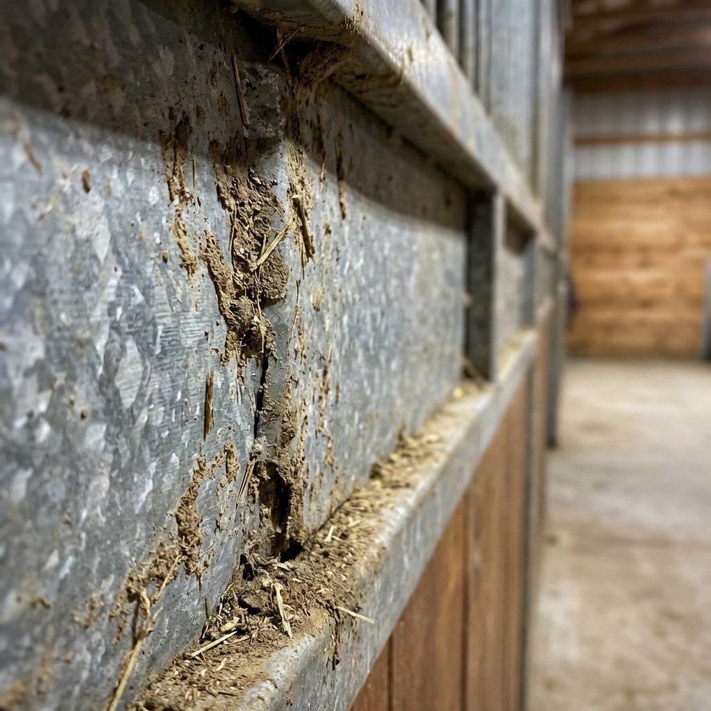 Close-up view of galvanized steel stable panels with visible wear and dirt, showcasing durability and practical use in horse stalls.