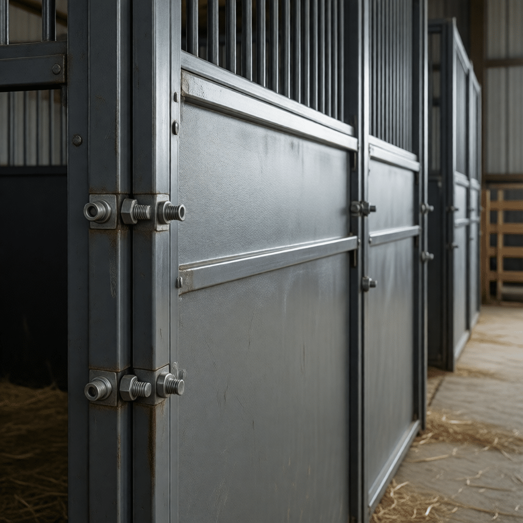 Galvanized Steel Horse Stalls for Sale A close-up view of galvanized steel horse stalls with secure latches and sturdy construction, designed for safe and comfortable horse housing.