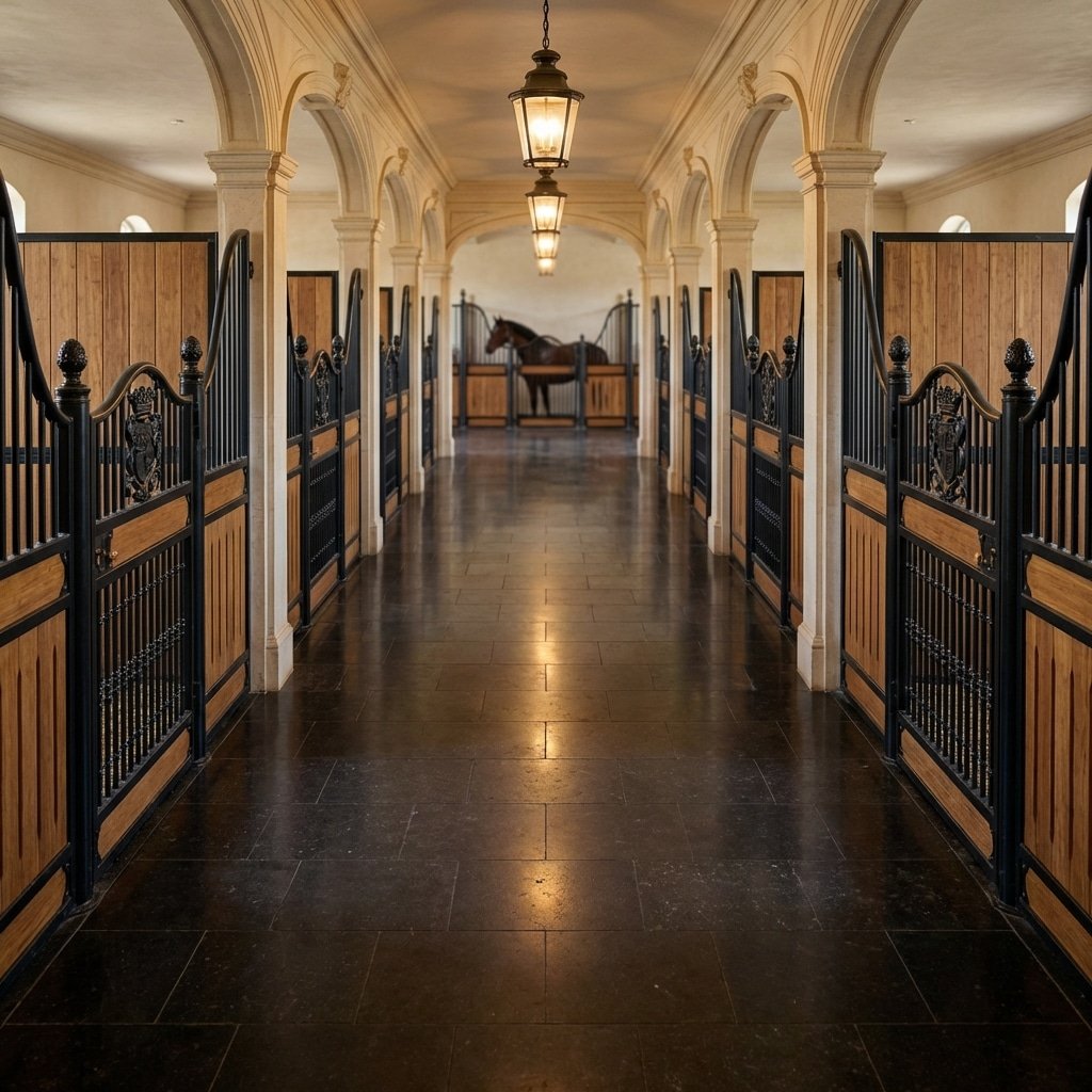 hyperrealistic product photography looking down a perfectly symmetrical stable aisle, French Renaissance style horse stalls on both sides, 40mm bamboo stall fronts, black wrought iron gates, mirror-image consistency, polished stone flooring, depth of field, majestic atmosphere, a horse visible in the distance, 16:9 aspect ratio, no text, no signage --ar 16:9 --style raw --v 6.0