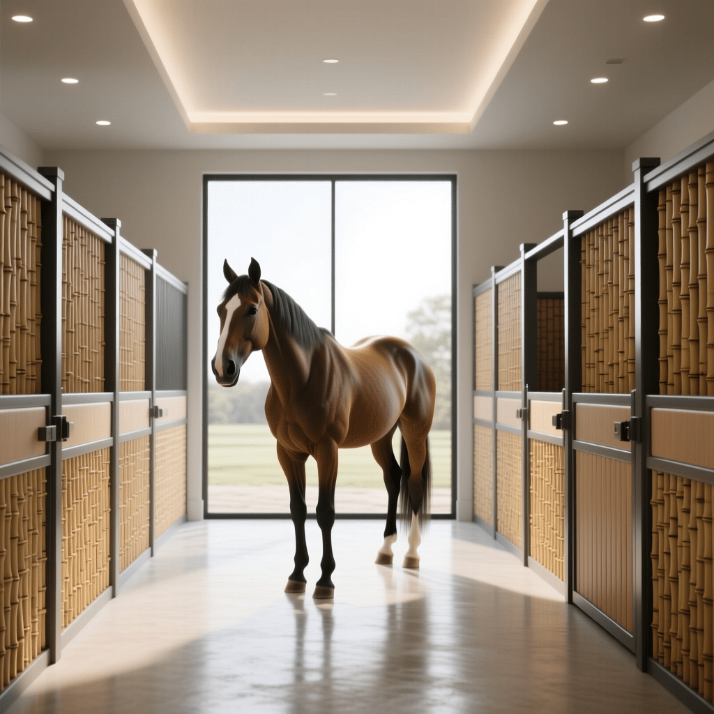 A horse stands in a luxurious stable hallway with bamboo panel stalls on both sides, leading to a large window with a view of green fields.