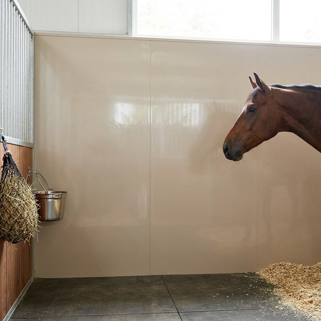 hyperrealistic product photography interior view of a horse stall, high-density panel wall texture, smooth and impervious surface, a horse sniffing the wall safely, clean hygiene, soft natural lighting inside stable, 16:9 aspect ratio, no text, no letters, no signage --ar 16:9