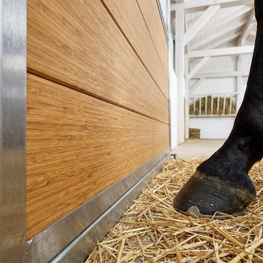 A close-up view of a horse's hoof standing on straw next to a wooden stable panel with a galvanized steel base, showcasing durable and high-quality horse stall equipment.