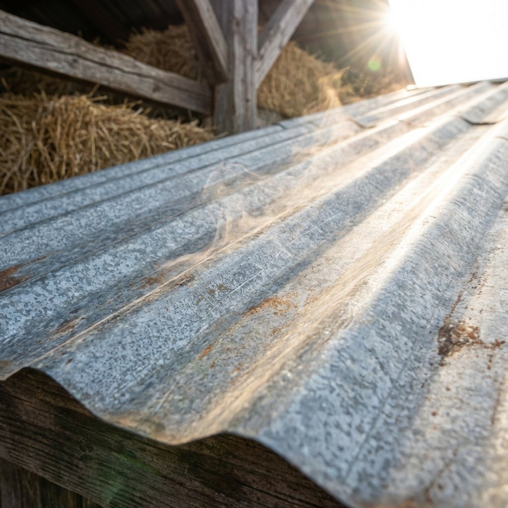 Hyperrealistic product photography close-up of a bare zinc metal roof surface on a horse stable, intense sunlight hitting the metallic surface, visual representation of heat absorption, macro detail of galvanized texture, bright sun flare, outdoor agricultural setting, 16:9 aspect ratio --no text --ar 16:9 --style raw --v 6.0