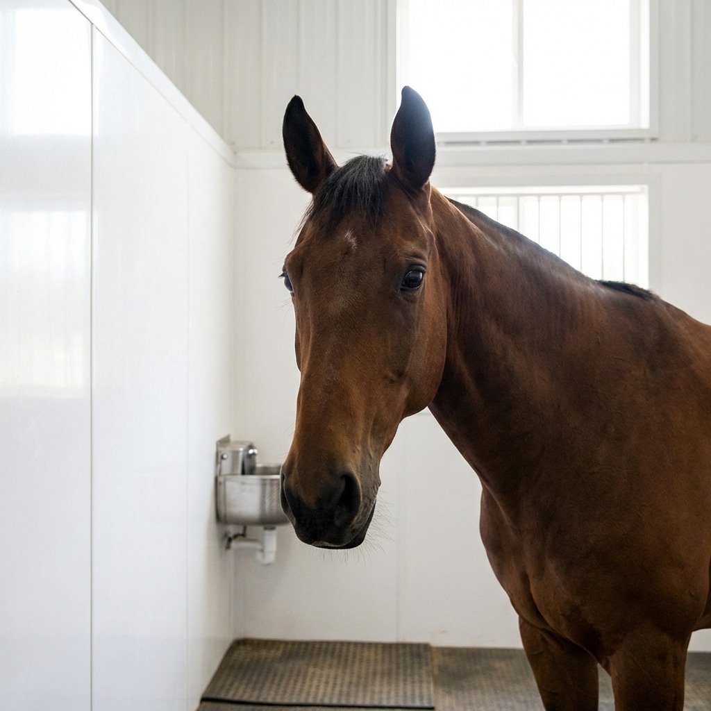 hyperrealistic product photography close-up of a horse standing inside a biosecure horse stall, smooth washable HDPE infill materials, virucidal resistant surfaces, clean sanitation focus, soft natural daylight, emphasizing disease control protection, 16:9 aspect ratio, no text, no letters --ar 16:9 --style raw --v 6.0