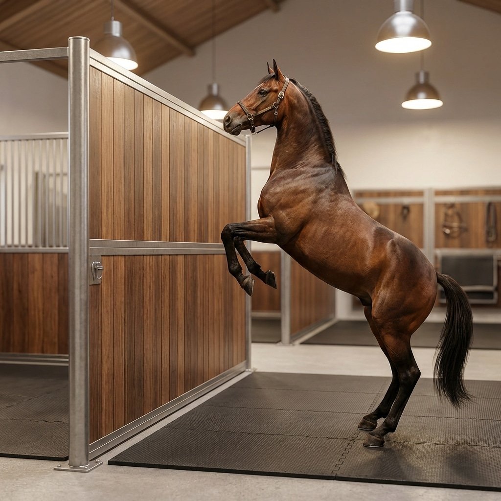 hyperrealistic product photography showing side profile of a rearing horse inside a high safety horse stable, vertical extension exceeding 2.5 meters, solid partition wall preventing escape, professional stable interior, 16:9 aspect ratio, no text, no signage --ar 16:9 --v 6.0