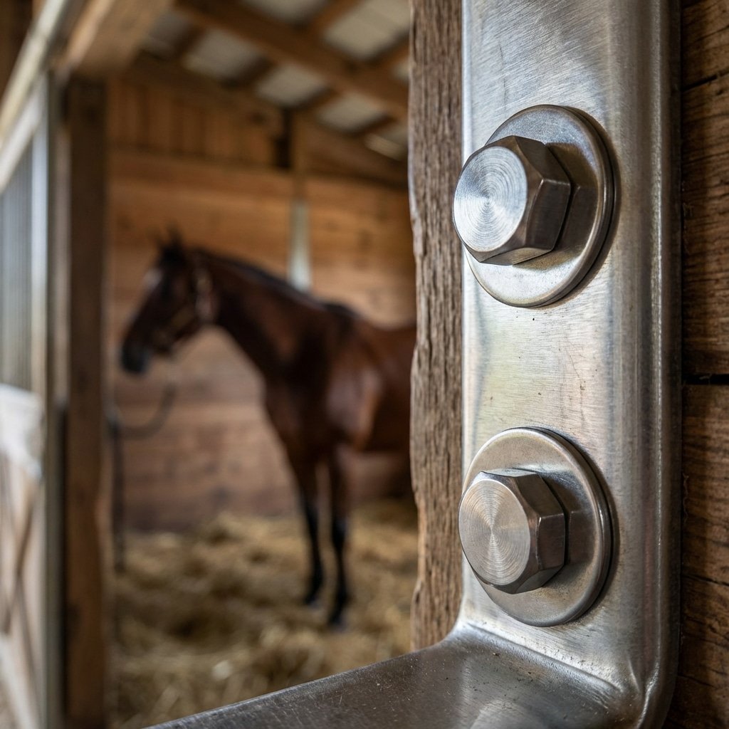 hyperrealistic product photography extreme close-up of 304 stainless steel bolts securing a horse stable frame, shiny metal hardware, robust structural joint, background shows the interior of a horse stall with a horse standing softly out of focus, depth of field, 16:9 aspect ratio, no text, no signage, no letters, no words --ar 16:9 --style raw --v 6.0