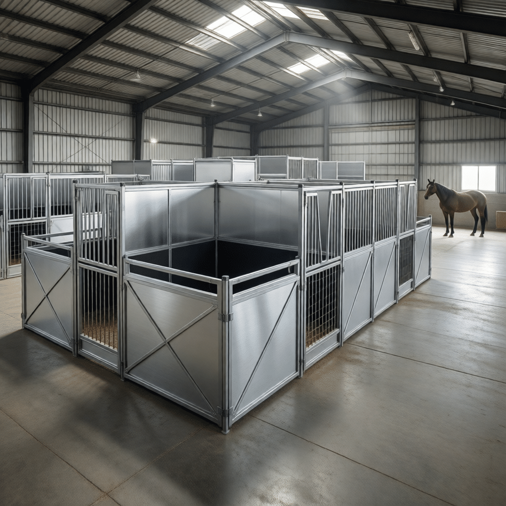 hyperrealistic product photography of customizable modular horse stalls, showing interconnected stall units in a spacious barn, flexible configuration, clean industrial design, silver galvanized finish, a horse visible in the background, professional lighting, no text, no writing, no logos --ar 16:9 --stylize 250 --v 6.0