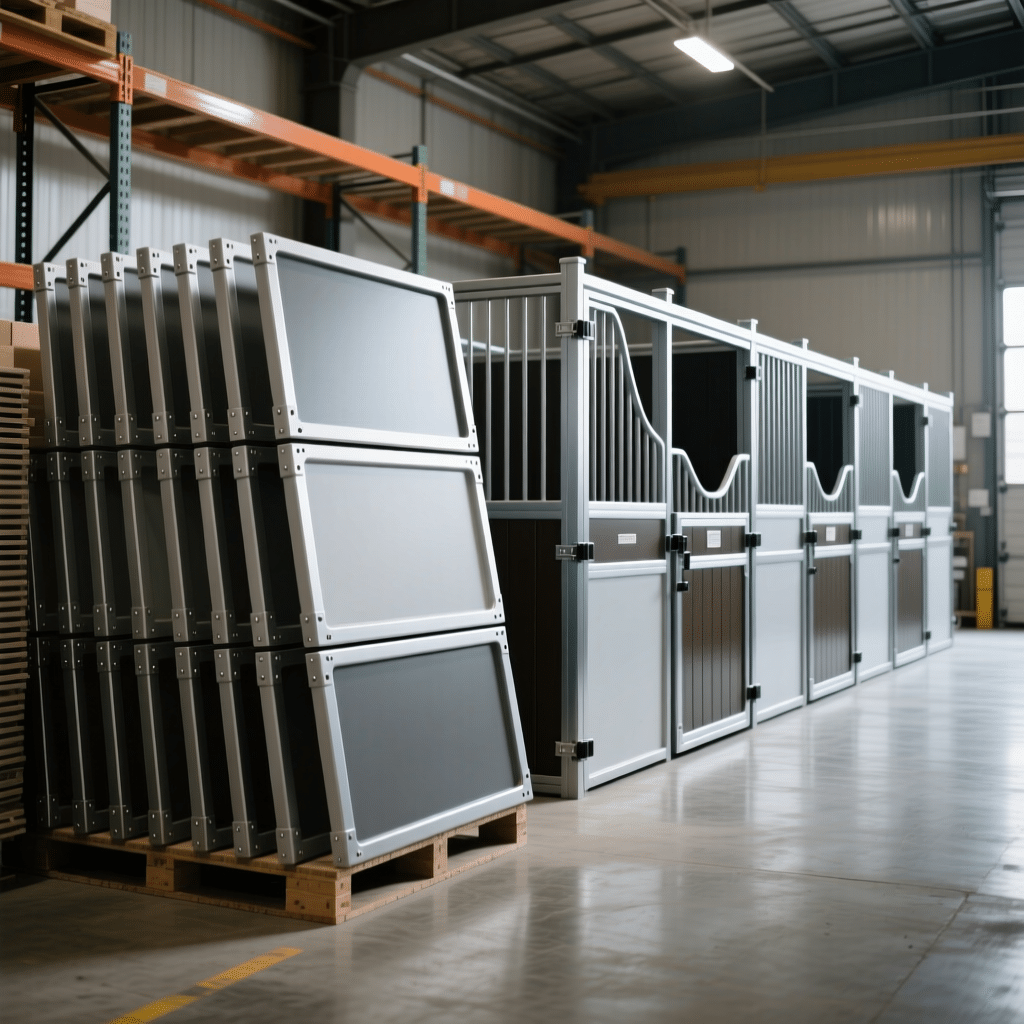 Stacked horse stable panels and assembled stall units in a warehouse, showcasing durable galvanized steel and powder-coated equipment for export.