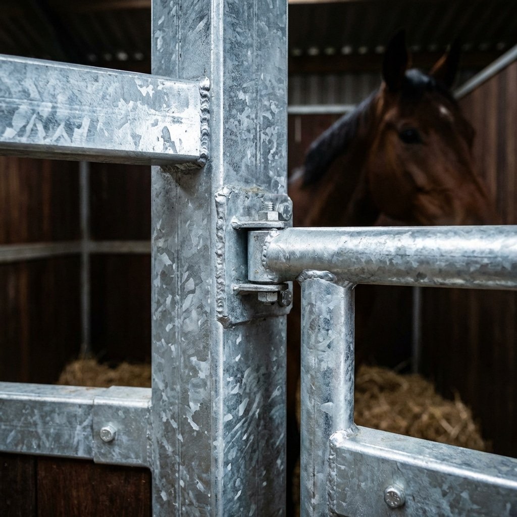 A close-up view of a galvanized steel stable gate with a horse visible in the background, showcasing durable and secure horse stall equipment.