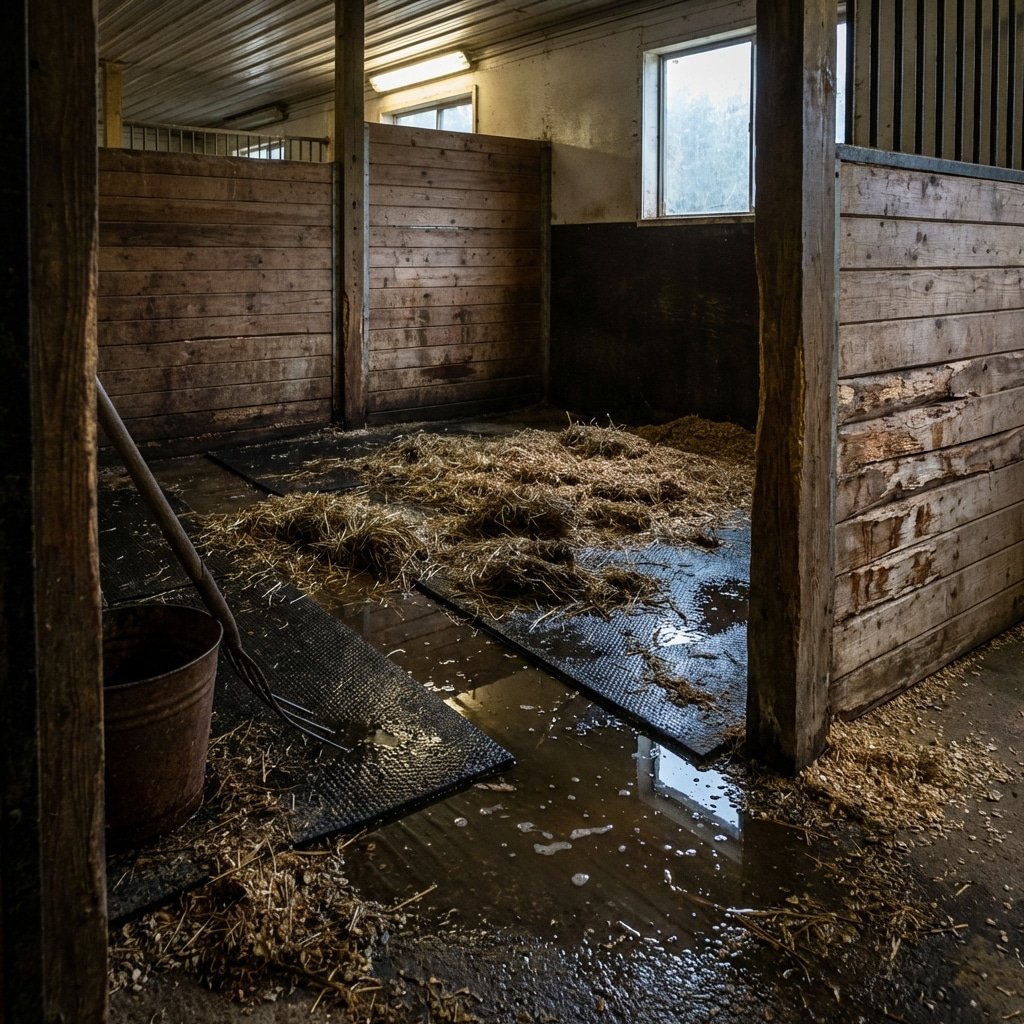 A horse stall featuring wooden panels, scattered straw, and black rubber mats on a wet floor, with a pitchfork and bucket nearby.