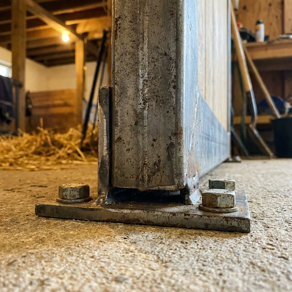 Extreme close-up of a heavy-duty steel bottom door guide bolted securely to concrete floor inside a horse stable, Q345B steel texture, robust anchoring, clean installation, warm stable lighting in background, no text, no signage, product photography --ar 16:9 --style raw