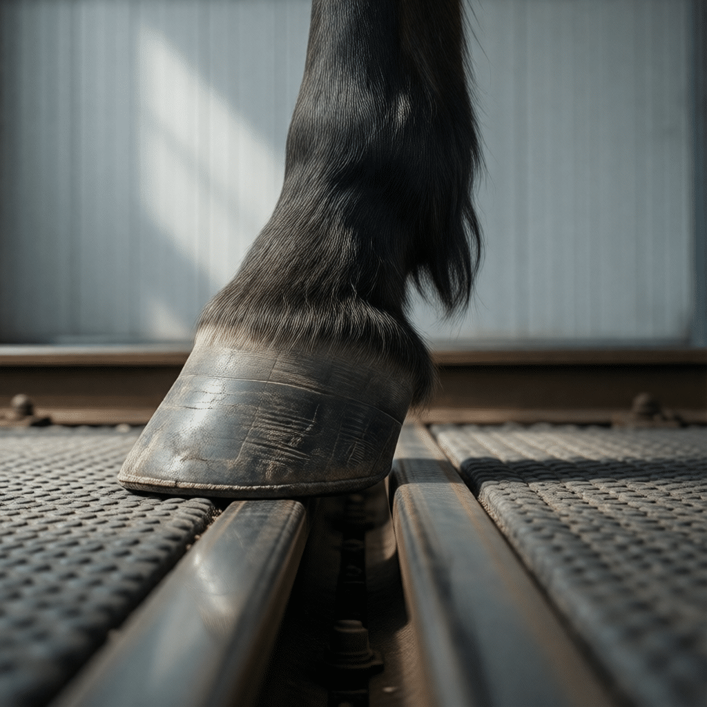 马蹄靠近隔断底部安全缝隙,狭窄空间防止马蹄卡入,展示防夹设计,橡胶垫与钢轨交接处细节,超写实摄影,十六比九构图,画面无文字