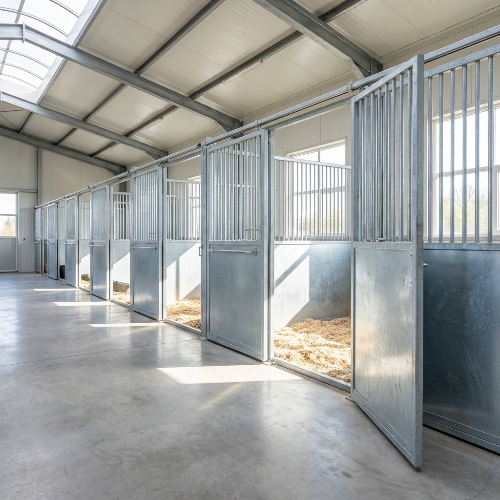 hyperrealistic product photography of a pristine horse stable interior, bright natural light flooding through open stall fronts, clean air atmosphere, no dust or mold visible, smooth galvanized steel surfaces, healthy environment for horses, architectural photography style, sharp focus, --ar 16:9 --no text, letters, watermark, english characters
