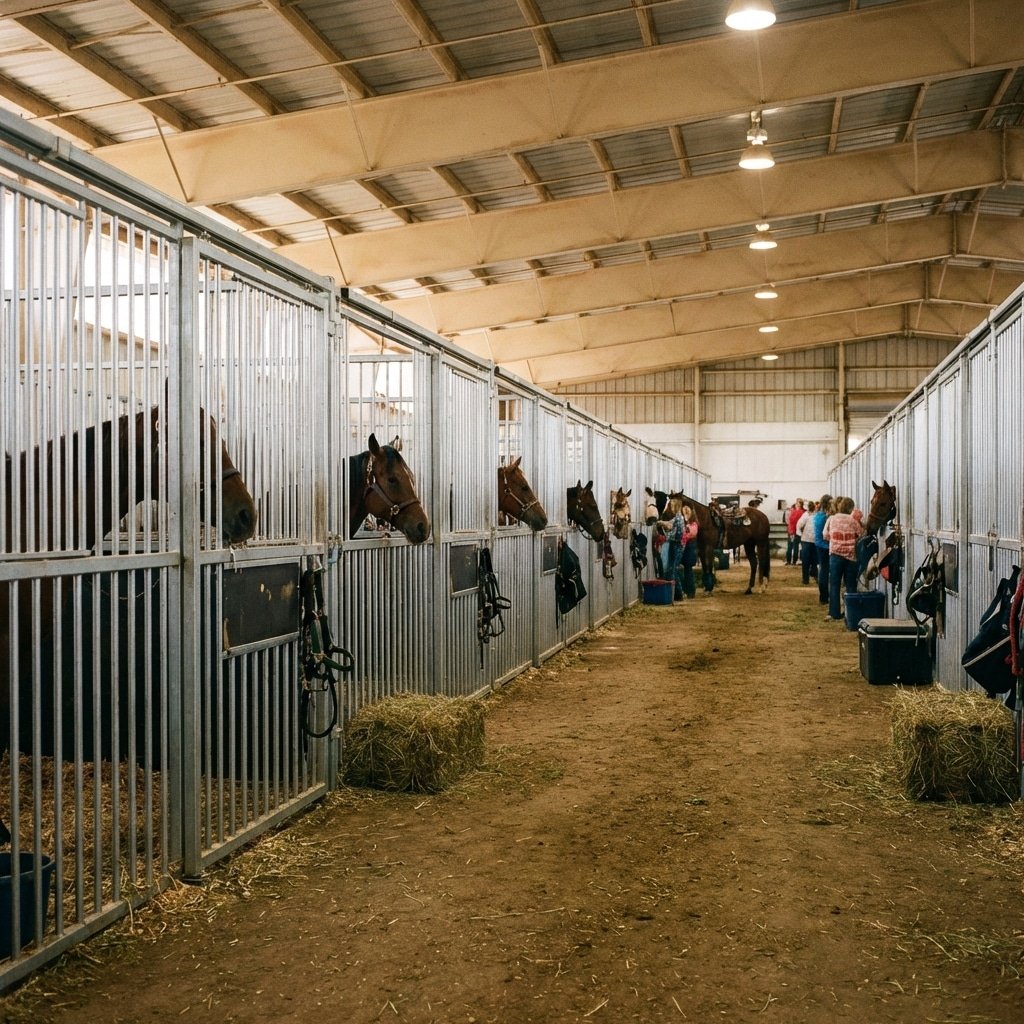 Hyperrealistic product photography, perspective view down a long aisle of modular horse stalls at a state fairground, bustling activity in background, clean organized metal stalls, warm ambient lighting, showcasing capacity and layout, 16:9 aspect ratio, no text --ar 16:9 --style raw --v 6.0